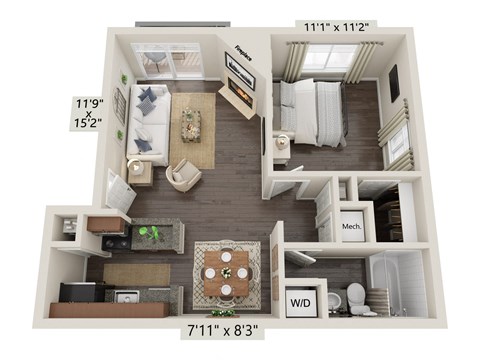 Floor plan for 1 bed, 1 bath, 630 sqft